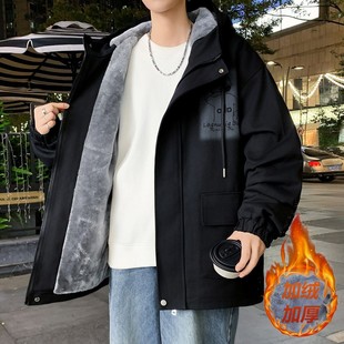 秋冬季新款连帽牛仔夹克男生加绒加厚青少年保暖棉衣外套男装士潮
