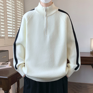 半高领拉链毛衣男秋冬季新款加绒加厚学生立领毛线衣青少年针织衫
