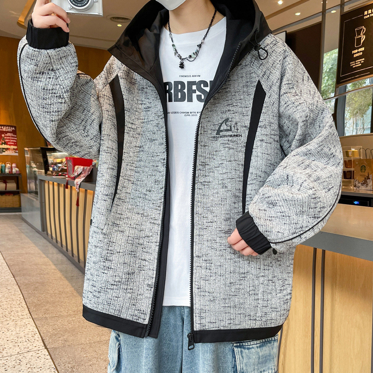 小香风连帽外套男春秋季韩系宽松拼接夹克男青少年中性廓形上衣服