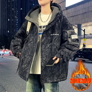 秋冬季加绒加厚外套男孩初中高中学生青少年新款帅气夹克棉服男装
