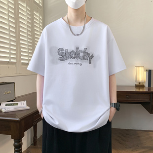 夏季短袖男款宽松五分袖衣服青少年半袖体恤美式风凉感T恤男装潮