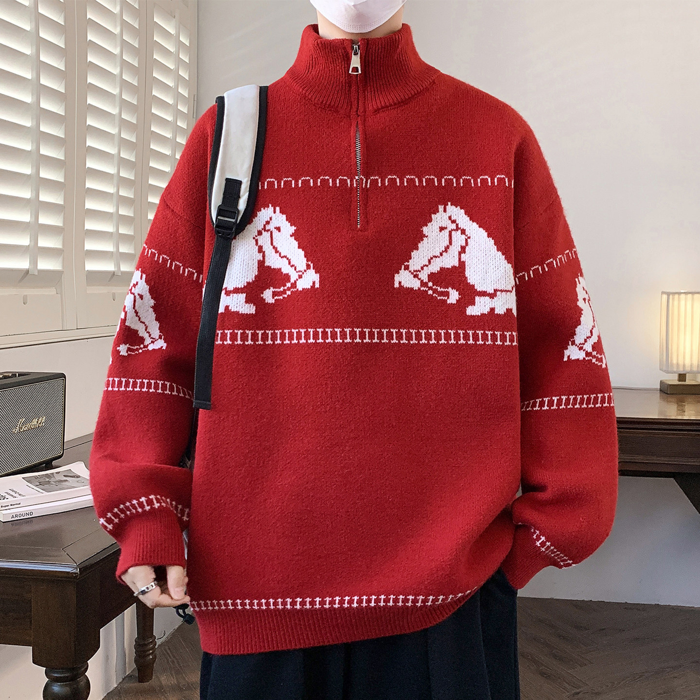 秋冬款立领半拉链毛衣男孩青少年学生保暖线衣大童冬装针织打底衫