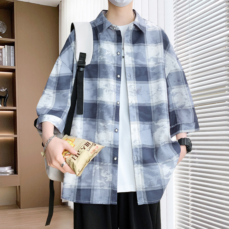 夏季新薄款格子短袖衬衫夹克男生青少年学生上衣服帅气外套男装士