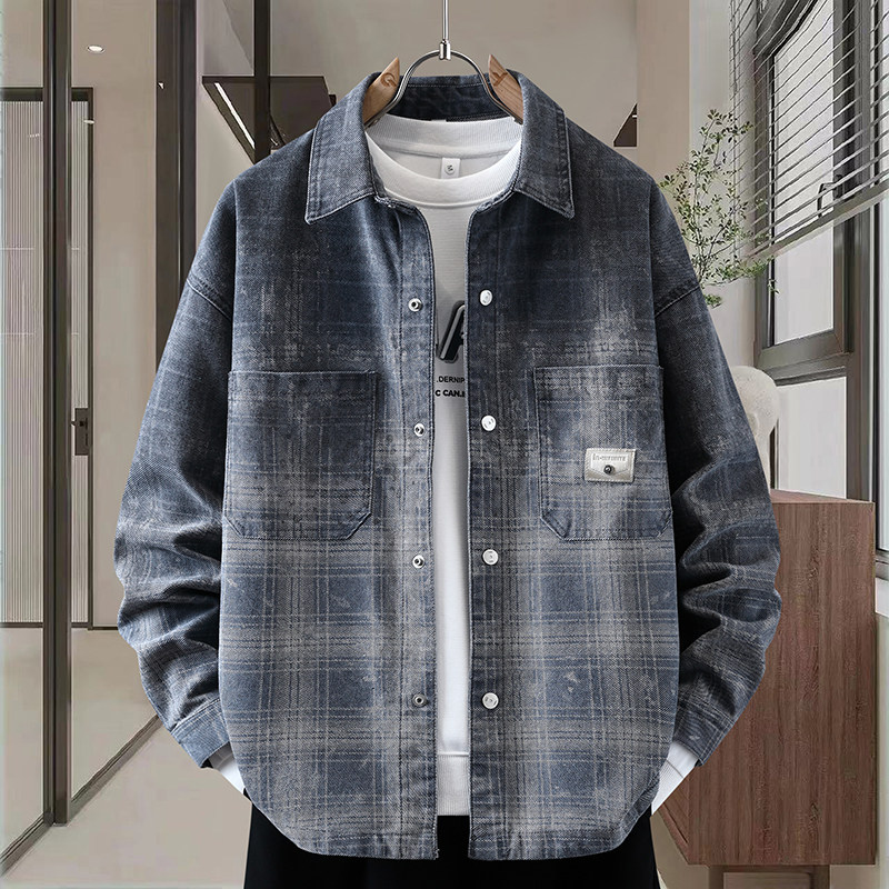 美式牛仔外套男生青少年休闲翻领春秋季新款宽松潮流格子夹克男装