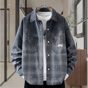 美式牛仔外套男生青少年休闲翻领春秋季新款宽松潮流格子夹克男装