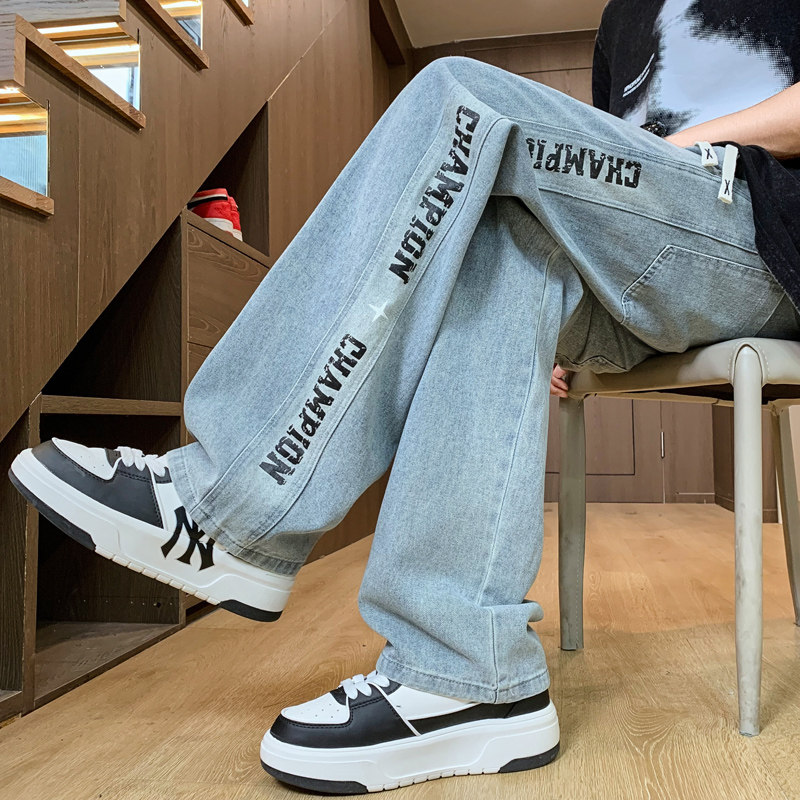 夏季薄款牛仔裤男生宽松直筒美式学生青少年阔腿休闲长裤子男装潮