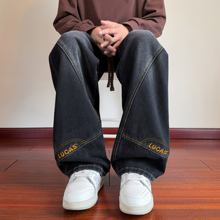 美式微喇牛仔裤男生春秋季新款直筒青少年水洗阔腿休闲长裤子男装