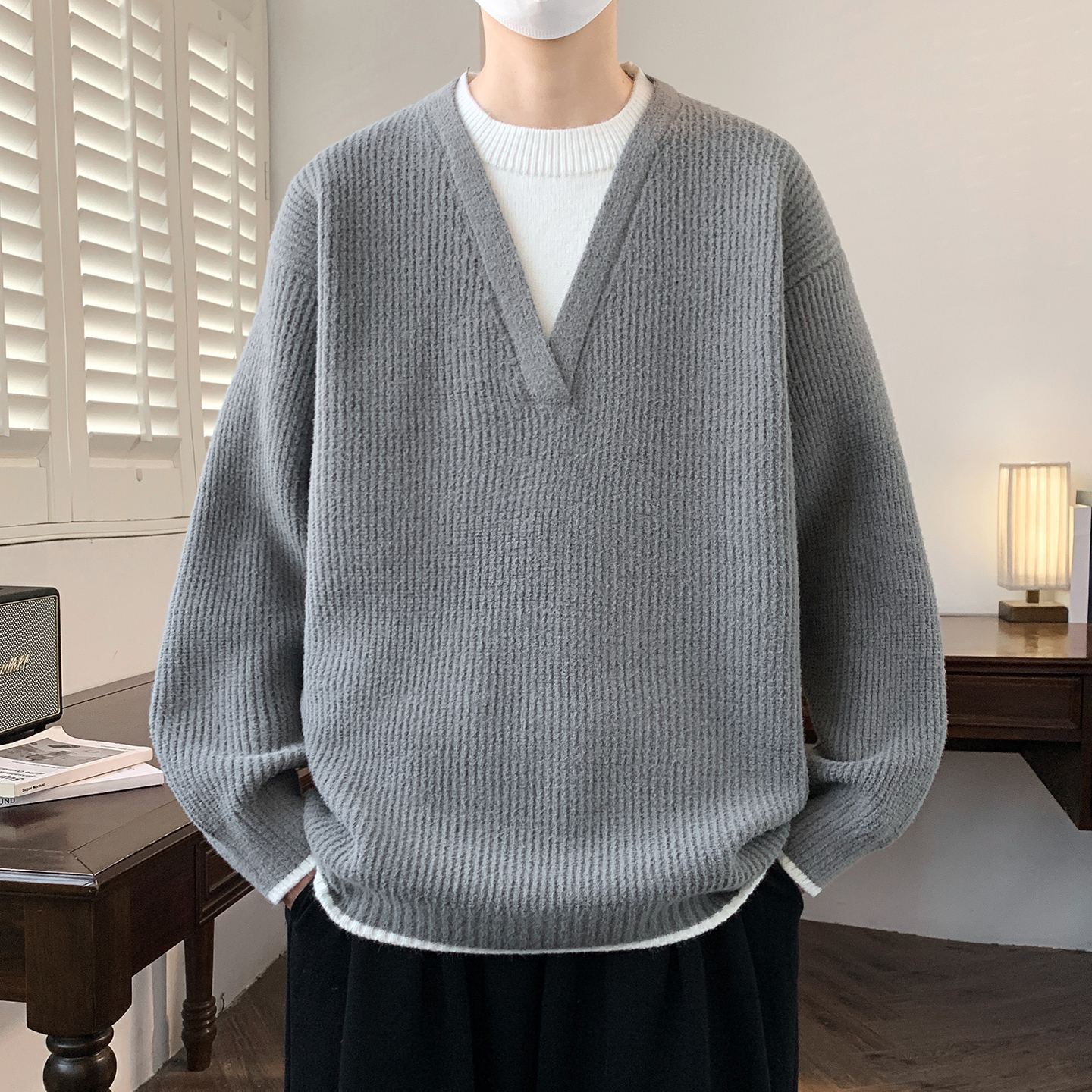 假两件毛衣男生青少年秋冬季新款学生加厚保暖针织打底衫男装潮牌