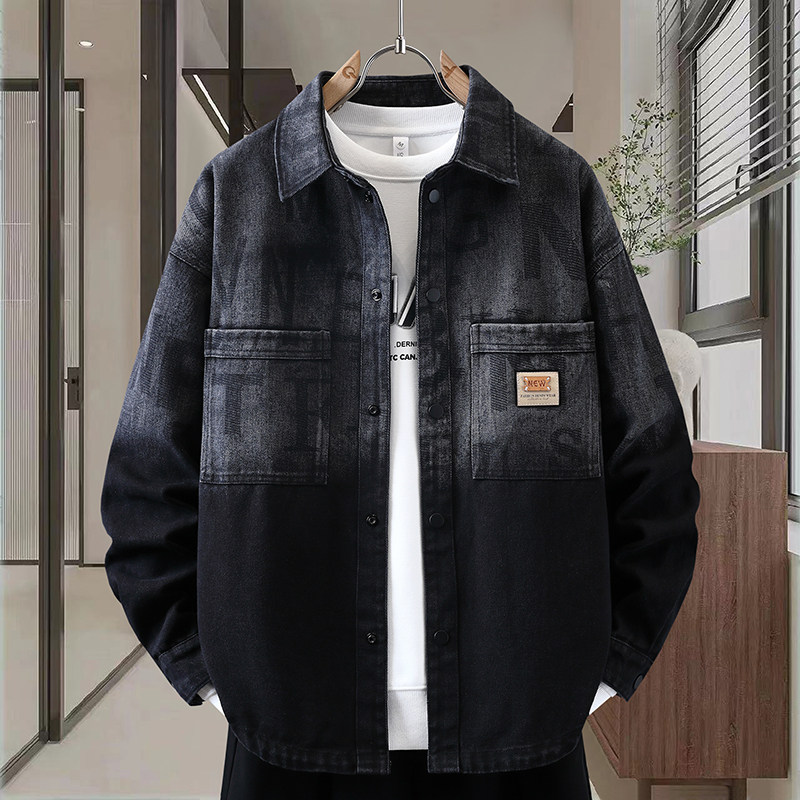 复古春秋季新款美式休闲外套男生青少年翻领牛仔衬衫帅气宽松夹克