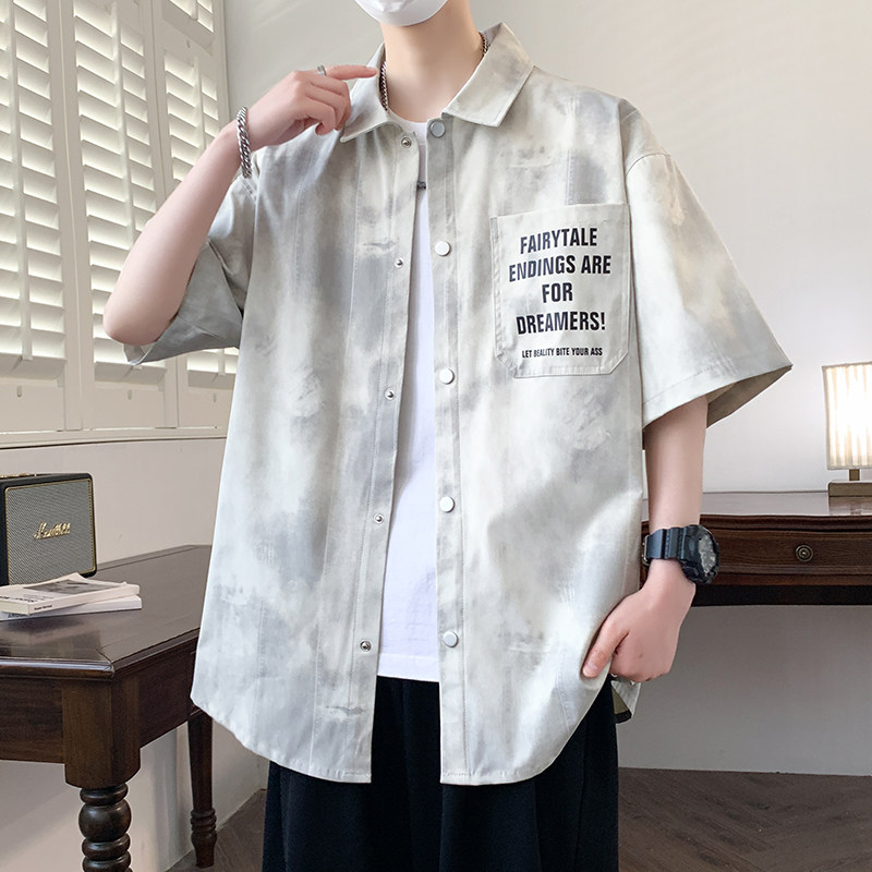 扎染短袖衬衫男生夏季新薄款青少年初中学生外套上衣服夹克男装士图片