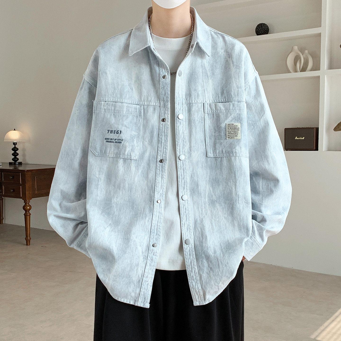 春秋季新款渐变衬衫男生美式翻领纯棉外套帅气夹克男装士衬衣服潮