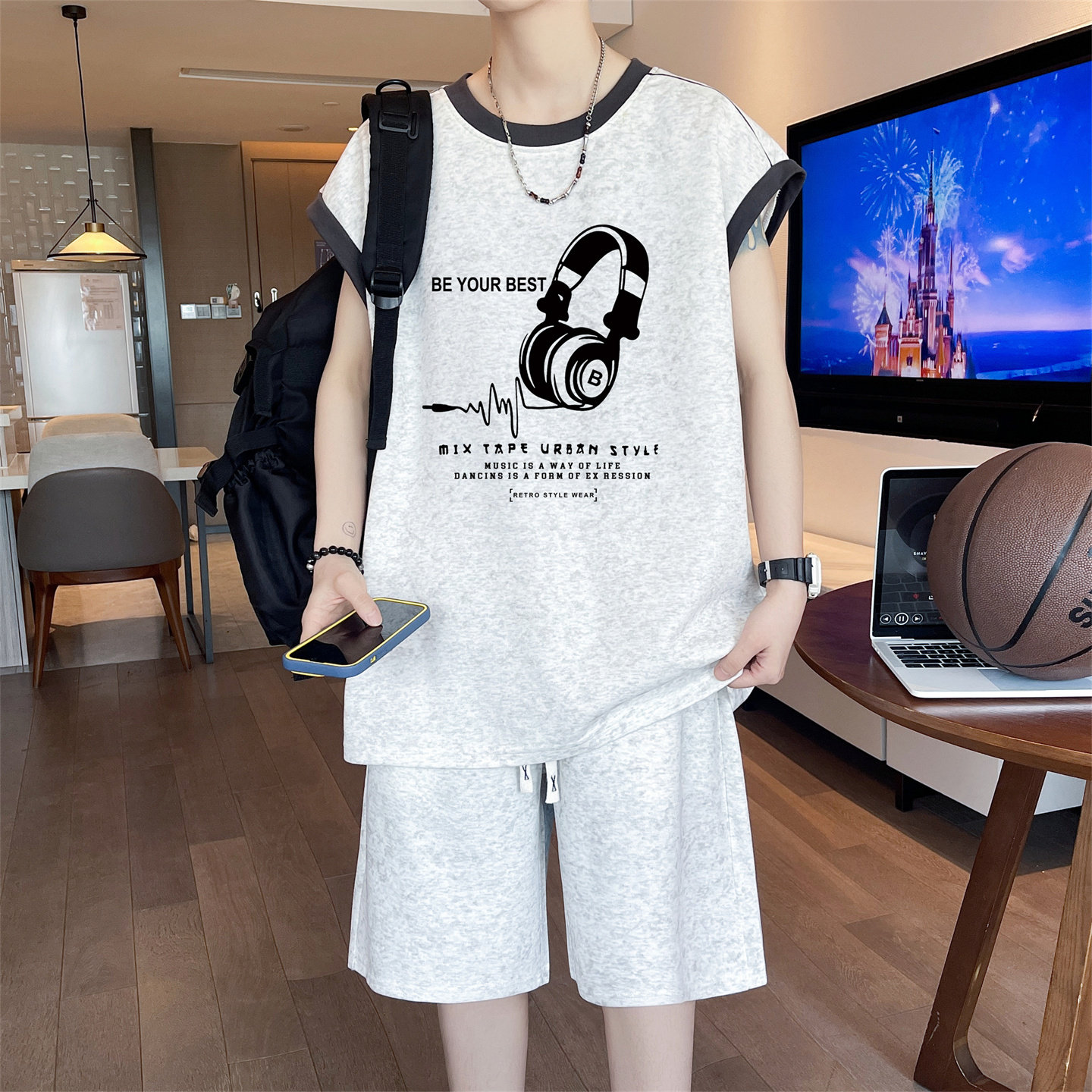 无袖t恤运动短裤套装男生夏季青少年大童初高中学生背心篮球衣服