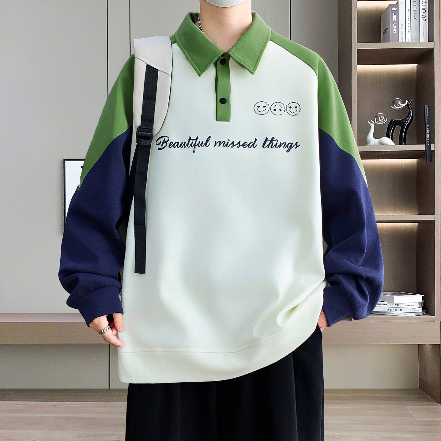 春秋季新款翻领长袖t恤男生青少年宽松polo衫初中学生卫衣男装潮