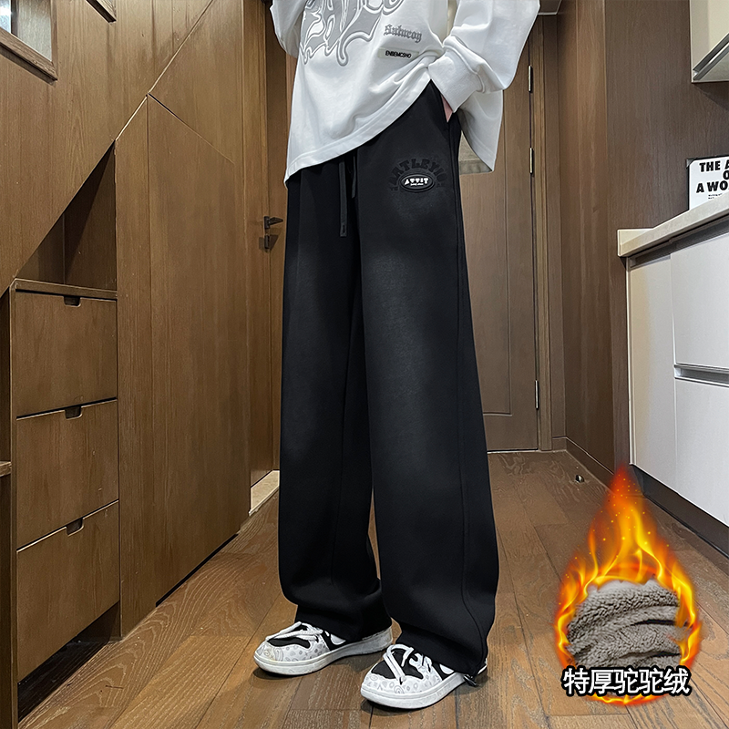 驼驼绒长裤子男孩冬季新款学生加绒青少年加厚直筒运动休闲卫裤潮