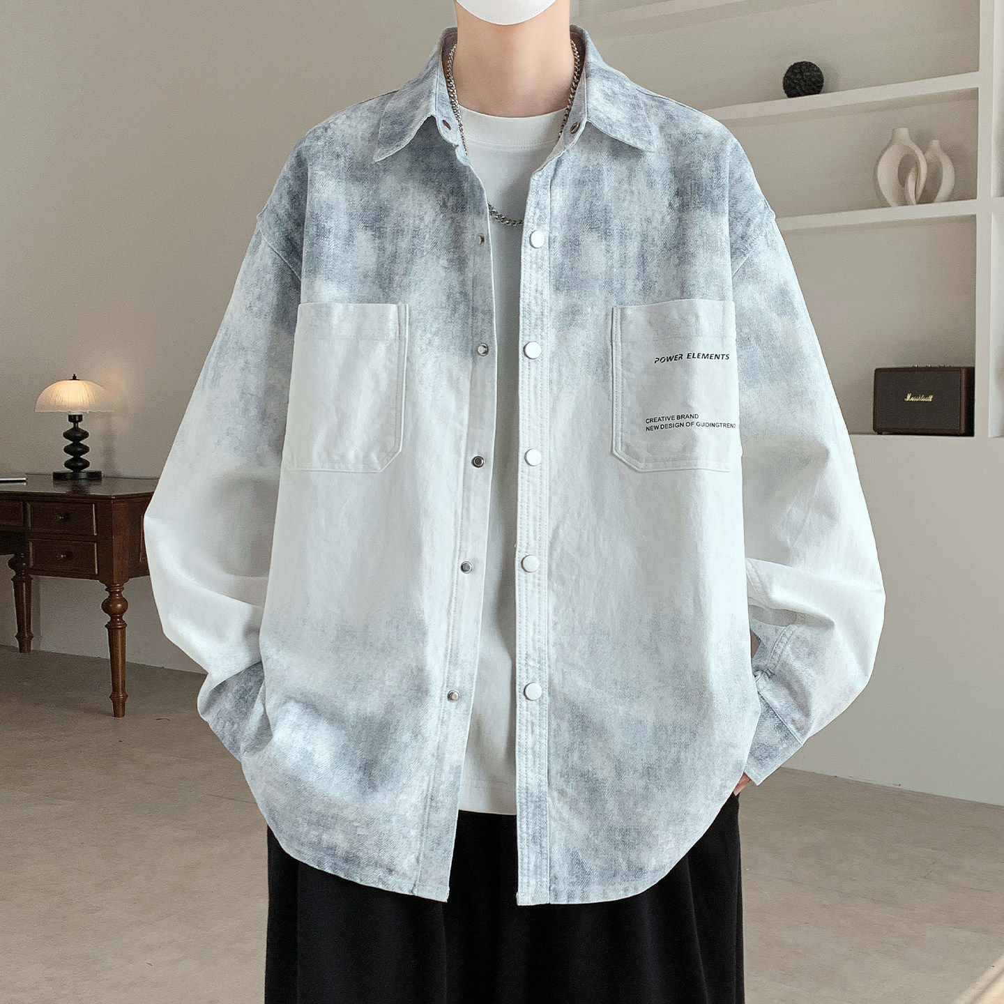 春秋季新款渐变牛仔衬衫男生青少年翻领外套休闲扎染夹克男装士潮