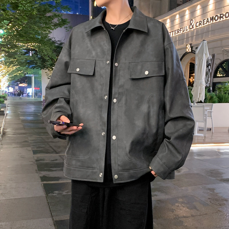 美式翻领皮衣外套男生春秋季新款青少年宽松休闲防风夹克男装士潮