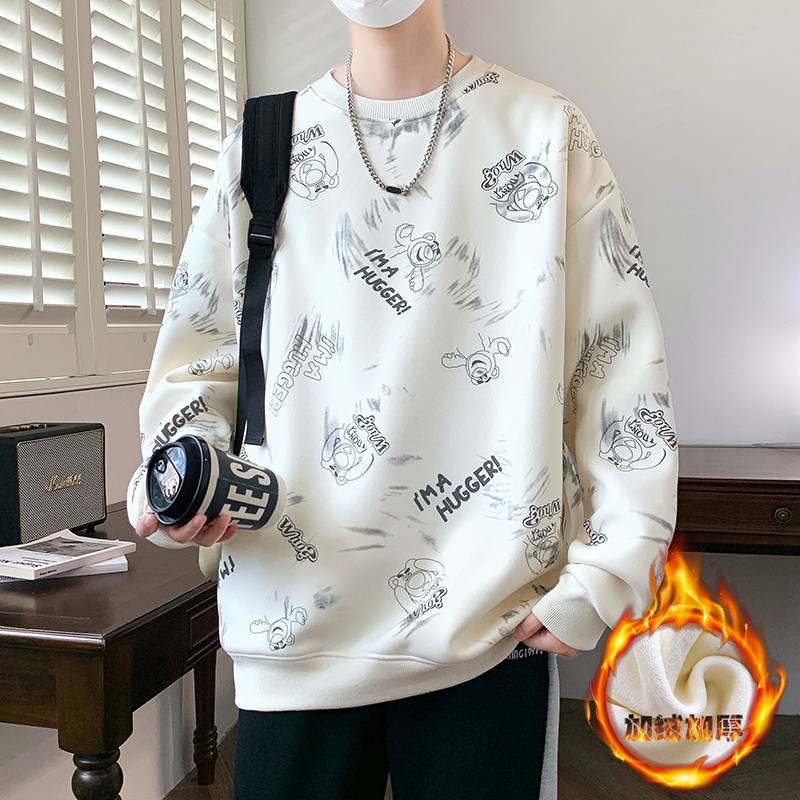 圆领卫衣秋冬季新款加绒加厚男孩初中学生青少年大童男装打底衫潮