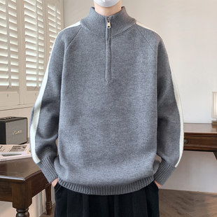 男装 中学生立领加厚针织打底衫 潮 新款 半拉链毛衣男生青少年秋冬季