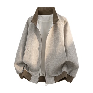 撞色立领夹克男春秋季极简短款毛呢子上衣服青少年美式风潮牌外套