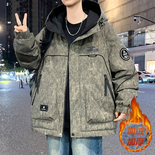 加绒加厚外套男生秋冬季新款中学生冲锋衣夹克青少年保暖棉服男装