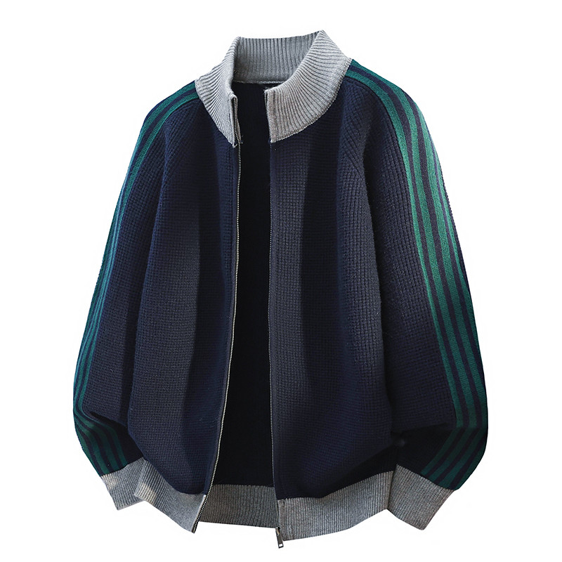 开衫针织外套男生春秋季新款条纹立领上衣服青少年宽松毛线服夹克