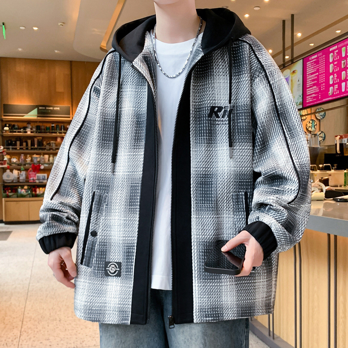 格子夹克男早春2026新款设计感连帽外套男生青少年潮流百搭上衣服