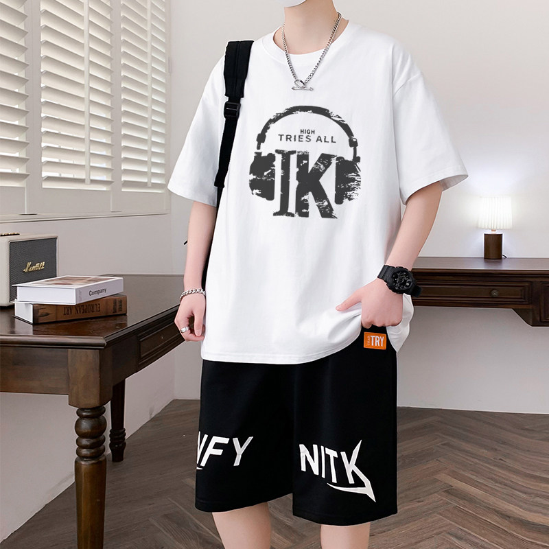 纯棉短袖t恤男孩夏季新款青少年中学生短裤套装大童运动休闲衣服