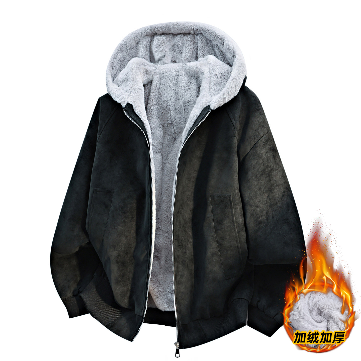 麂皮绒连帽外套男生秋冬季新款夹克潮牌加绒加厚帅气派克服男装士