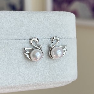 S925纯银 镜面极亮纯白无暇 天然白色AK珍珠耳钉耳环7.3mm小天鹅