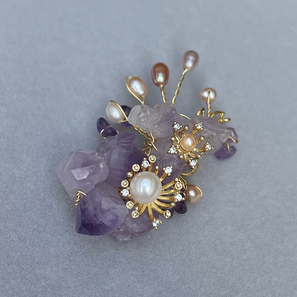 稀有独特 天然紫水晶+天然珍珠胸针胸花 别针 梅花 樱花 矿物胸针