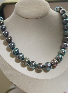 14K极亮正圆近全无暇天然孔雀绿色串珠镜面混彩大溪地 8-11mm43cm