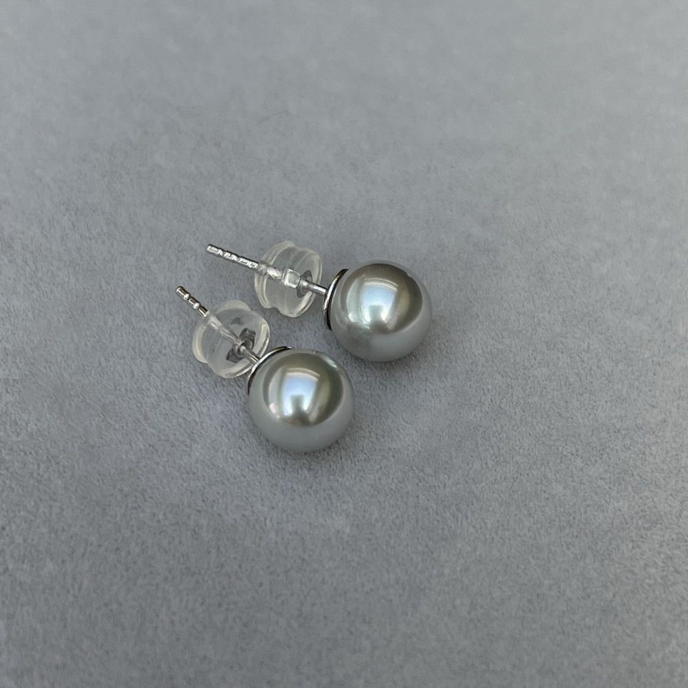 S925纯银 天然日本海水银灰蓝色akoya真多麻珍珠耳环素耳钉7.7mm