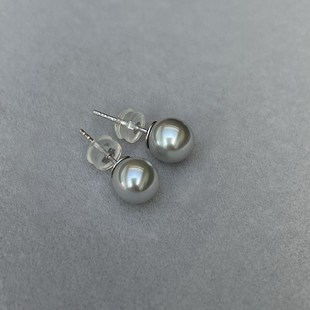 S925纯银 天然日本海水银灰蓝色akoya真多麻珍珠耳环素耳钉7.7mm