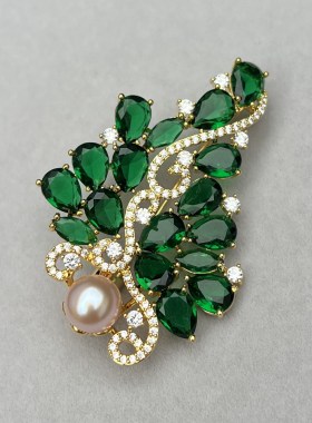 极亮无瑕天然淡粉色珍珠胸针胸花9mm 绿色孔雀 羽毛 绿宝石