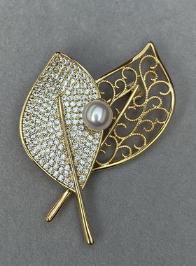 极亮正圆纯白丝滑全无瑕 高品质天然白色AK珍珠胸针胸花7mm金树叶