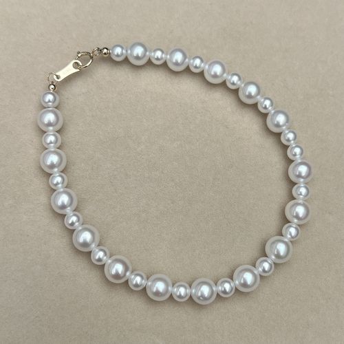 18K黄金高品质极亮纯白冷白正圆天然白色珍珠手链4.5-6.5mm19.5cm