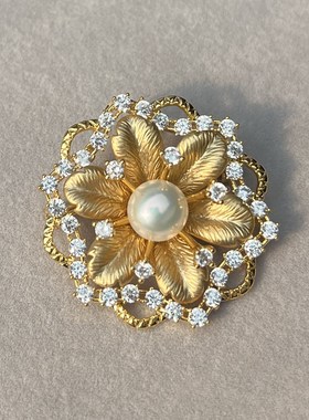 镜面极亮纯白全无瑕 天然白色AK珍珠胸针胸花 金色雪花玫瑰8.8mm