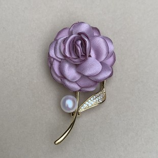 极亮无瑕天然白色珍珠 粉紫色绢花胸针胸花 牡丹玫瑰月季9mm