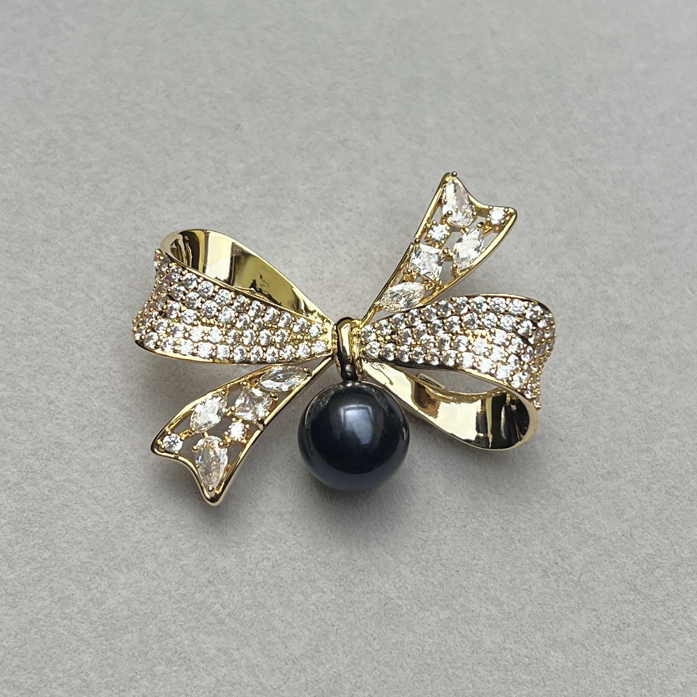 大颗粒极亮 淡水黑珍珠胸针胸花10.5mm 金色蝴蝶结 璀璨闪亮
