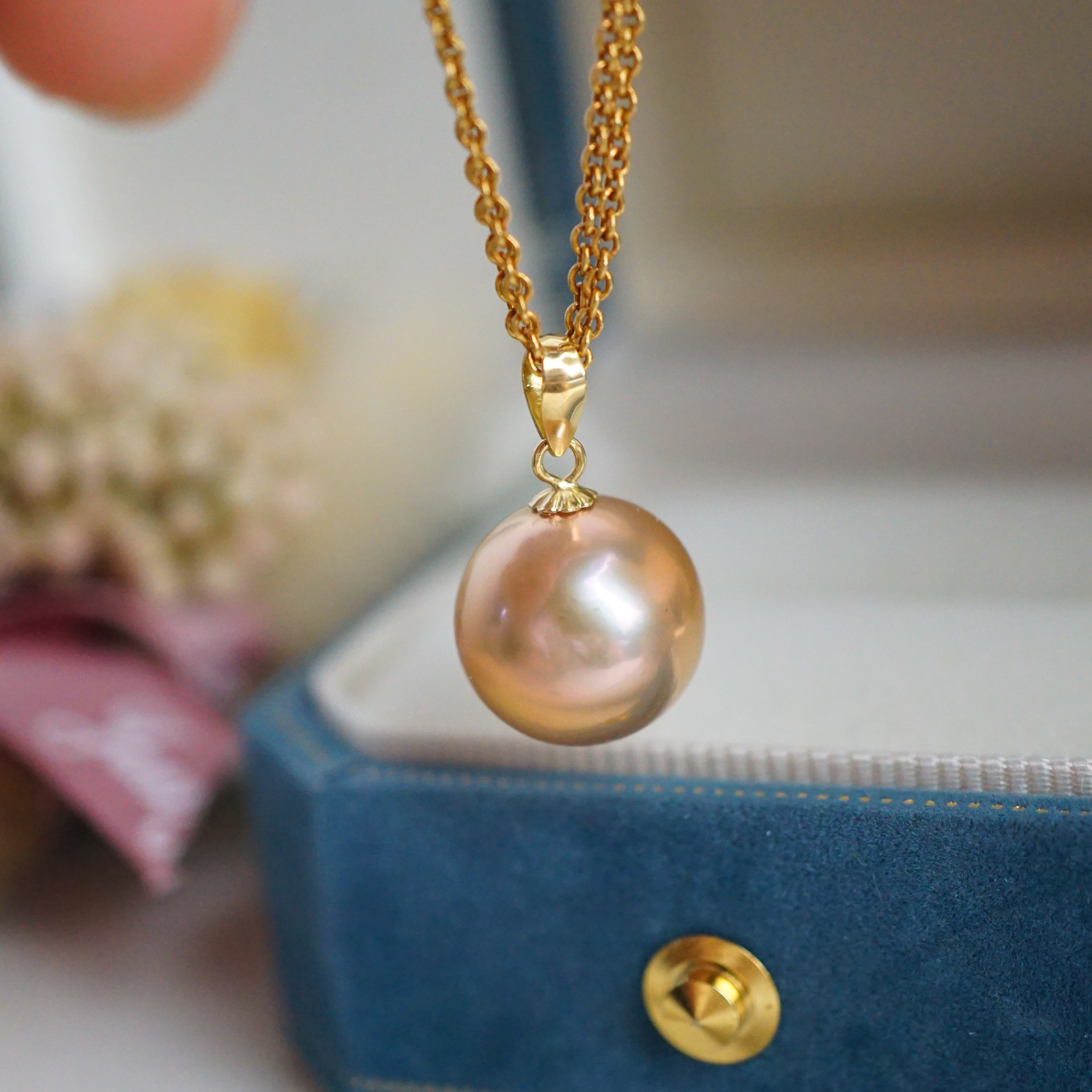 18k 超大镜面极亮正圆无暇 天然淡粉色珍珠项链吊坠12.2mm