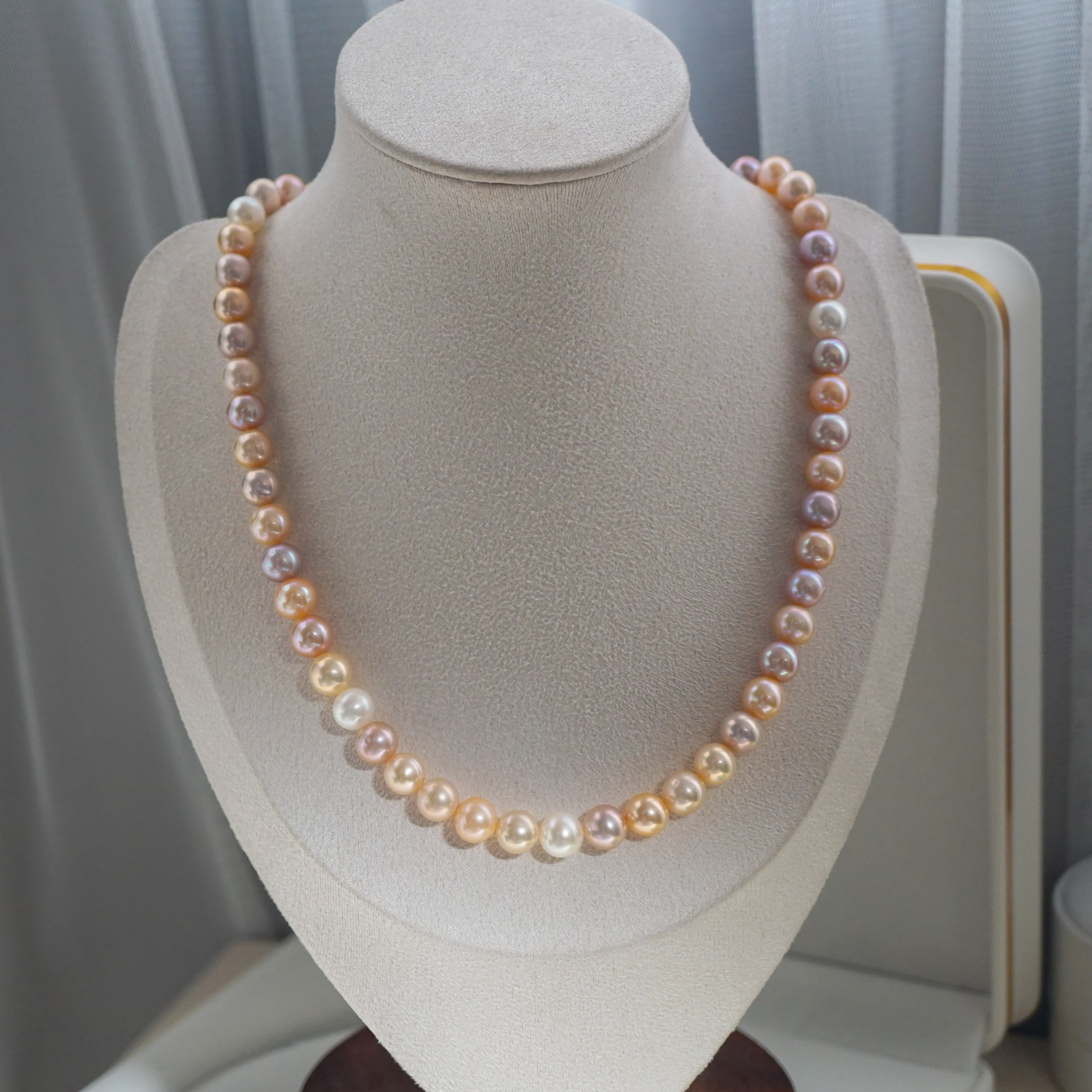 S925银扣 极光正圆微瑕天然珍珠项链 糖果色 7.7-8.5mm 43-47.5cm