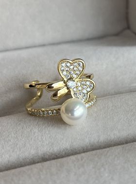 S925银镀金 镜面极亮纯白全无瑕 天然白色珍珠戒指 7mm 三叶草