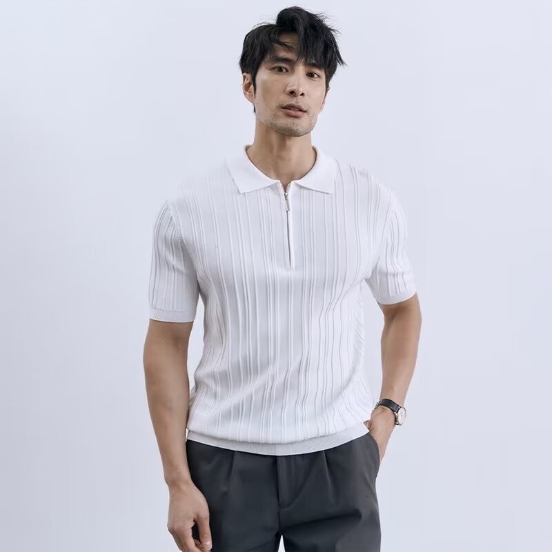 轻奢高端！木天丝针织polo衫男夏季条纹冰丝高级感翻领短袖t恤