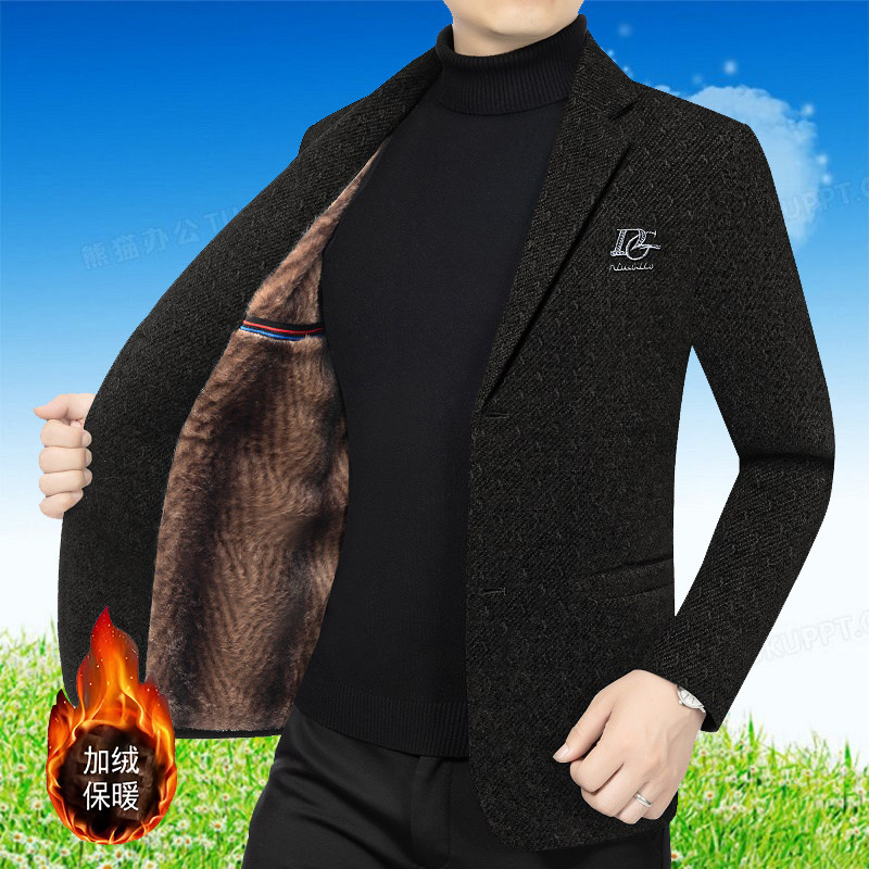 休闲西服男外套秋冬加绒加厚保暖新品中年商务休闲时尚单西爸爸装