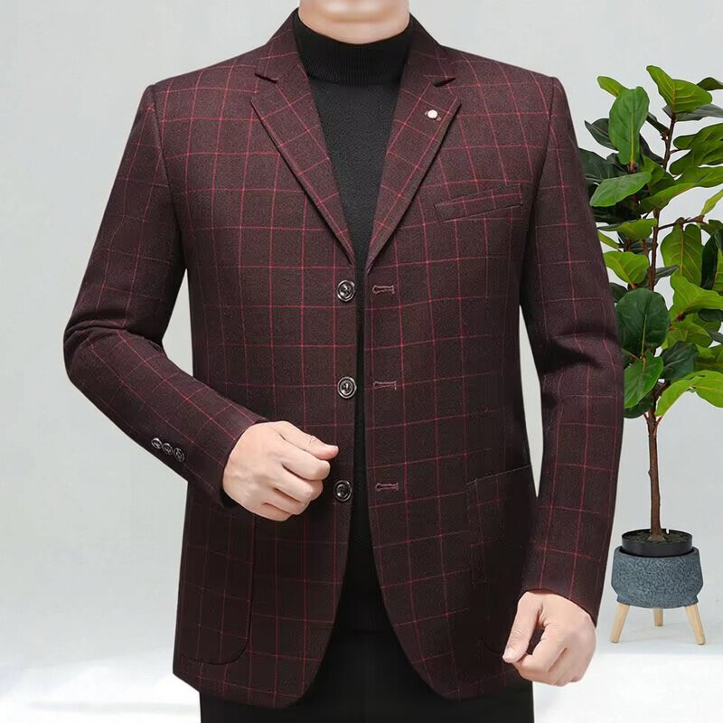 休闲西装外套男士大码秋冬季新款中年宽松方格新品婚礼三粒扣西服
