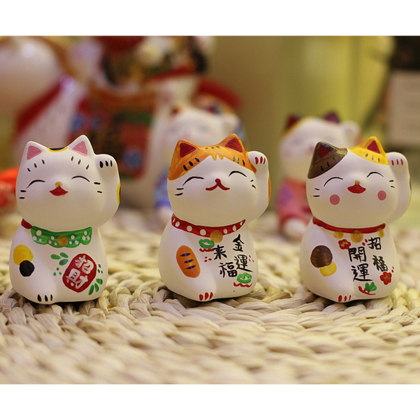 迷你招财猫套装3只装 石膏猫摆件日式夫妻猫生日礼物创意礼品车载