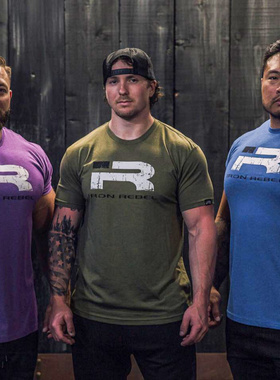 IR新款男短袖健身显壮收袖口运动时尚弹力棉撸铁训练美式紫色T恤