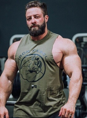 IR新款犀牛背心男美式健身宽松肌肉训练透气显大运动弧形T恤无袖