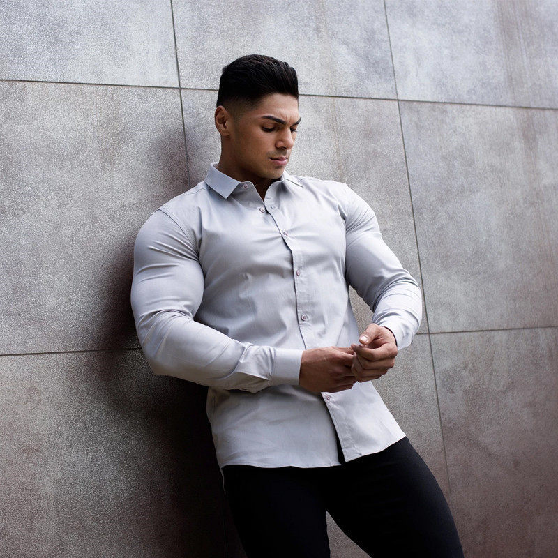 肌肉男健身商务春秋款长袖衬衣