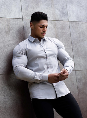 肌肉男神不透健身衬衫高弹力修身商务免烫休闲春秋款长袖透气衬衣